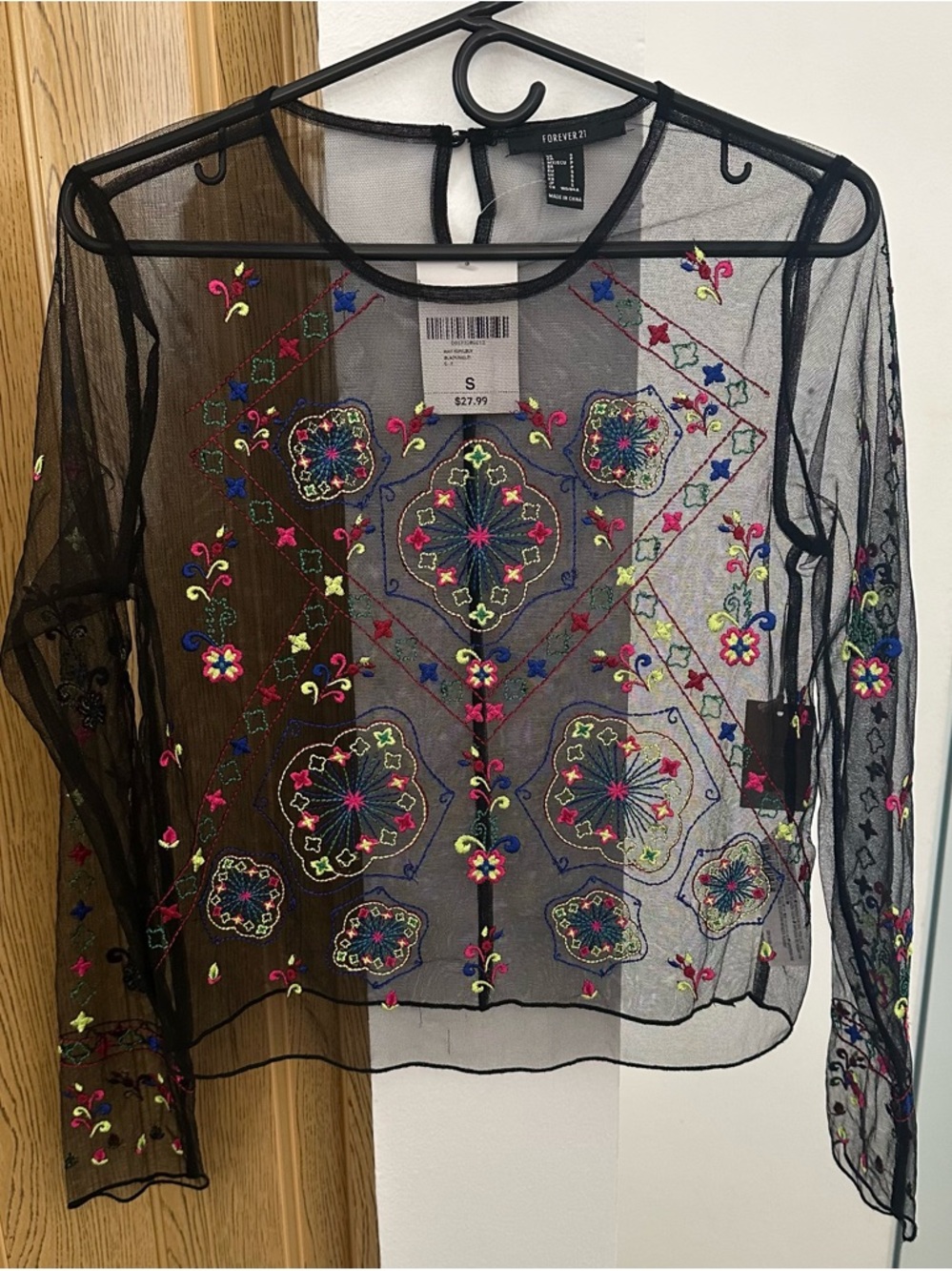 FOREVER 21 Sheer Embroidered Mesh Top | Black Floral Festival Boho Size S NWT - Picture 2 of 7